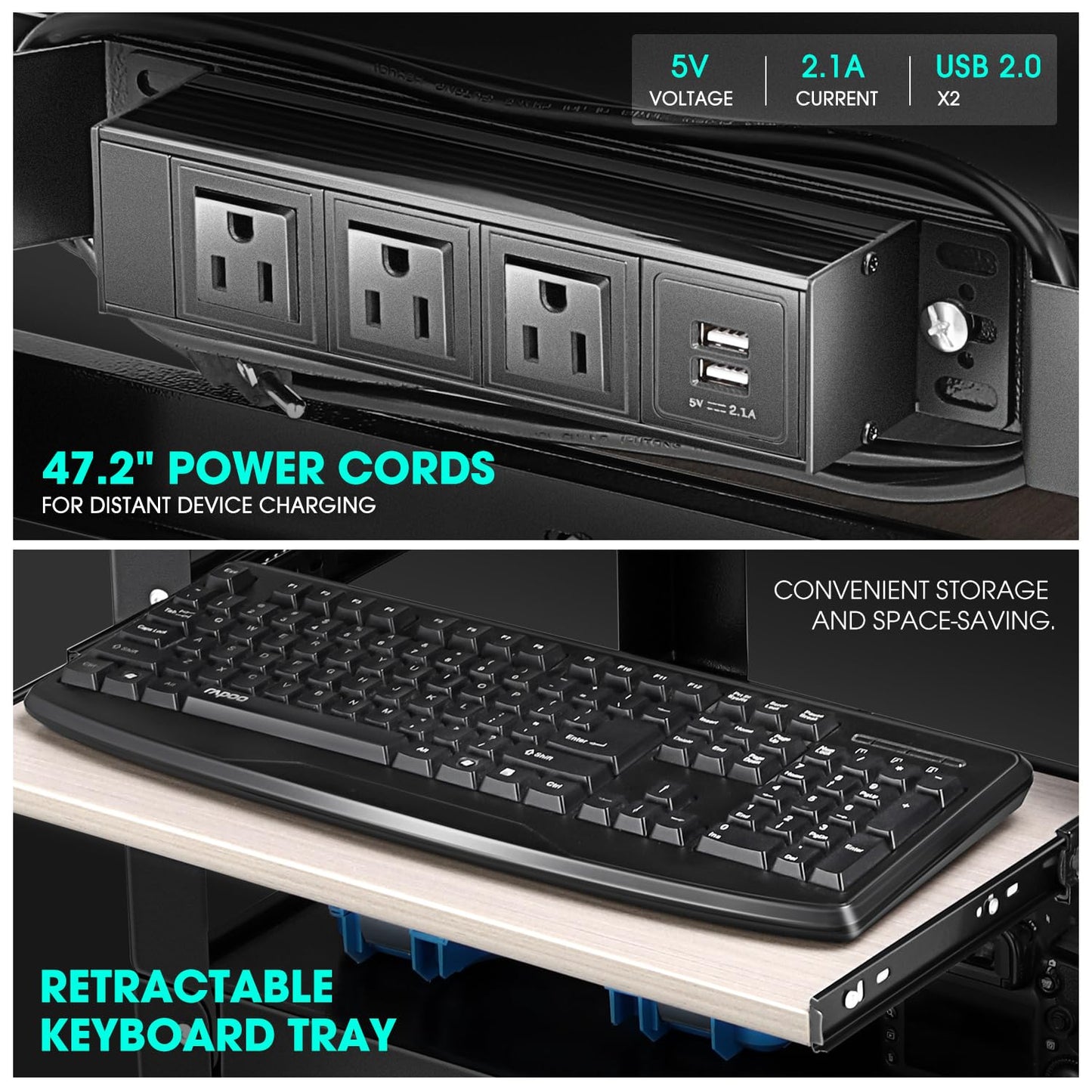 DNA MOTORING Steel AV Cart 3-Layer Rolling Projector Utility Cart, 24" X 18" X 24.6"- 42.5" Height Adjustable, with Wheels, Pullout Keyboard Tray, Power Strip, Cord Management, TOOLS-00497