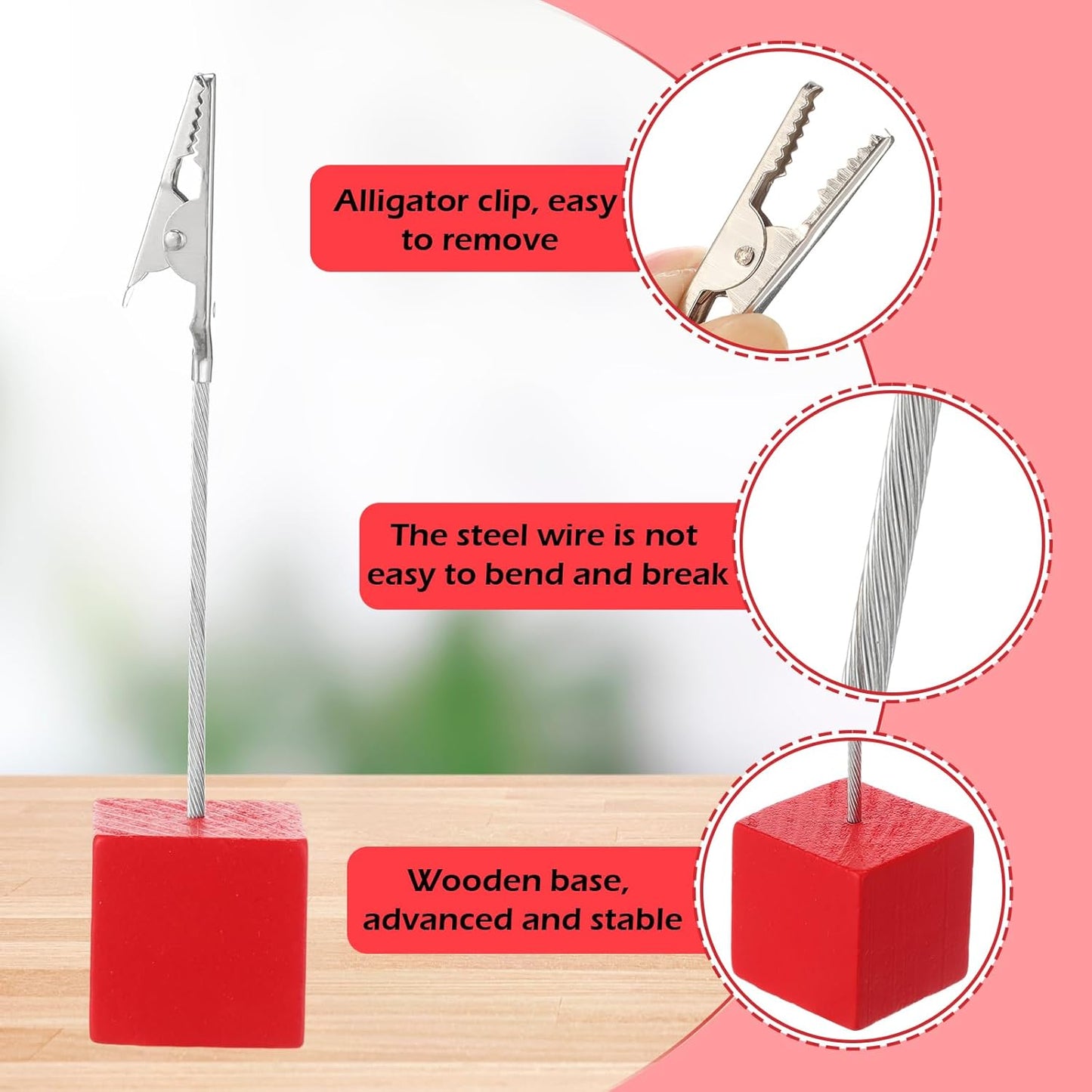 20 Pcs Cube Base Memo Clip Holder with Alligator Clip Wood Table Number Holder Cube Base Place Card Stand Mini Photo Menu Stand for Displaying Number Card(Red)