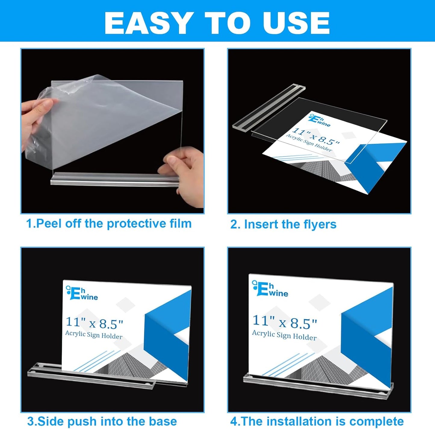 EHWINE 6 Pack Acrylic Sign Holder 8.5 x 11 Horizontal, Double-Sided Stand up Table Top Sign Holders, Clear Acrylic Picture Frame Menu Flyer Paper Holder Display Stand for Office Business Store Wedding Party