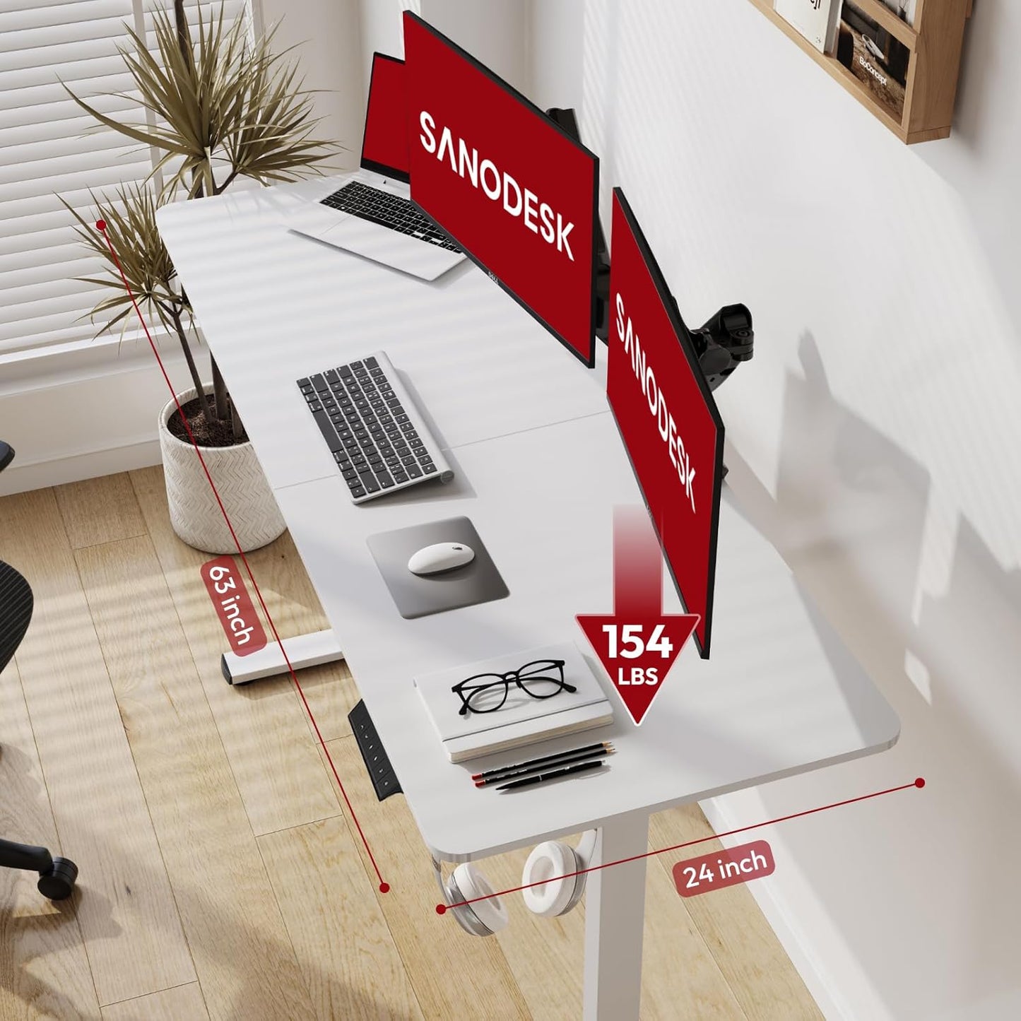 SANODESK Electric Standing Desk 63x24 Inch Height Adjustable Stand Up Desk Home Office Computer Workstation Sit Stand Home Office Desk with Splice Board (White Frame + White Top)