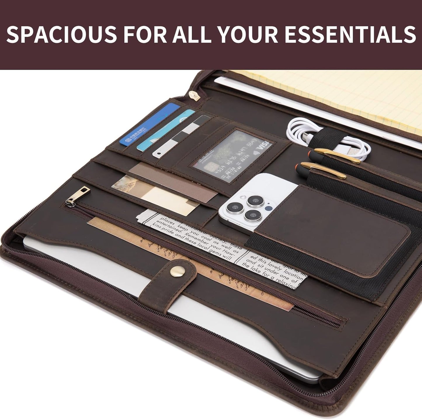 Genuine Leather Portfolio for Women and Men, 8.5 x 11 Legal Pad Padfolio, Zippered Notebook Organizer for 13” Laptop, Business Executive Professional Folio for Work, Dark Khaki