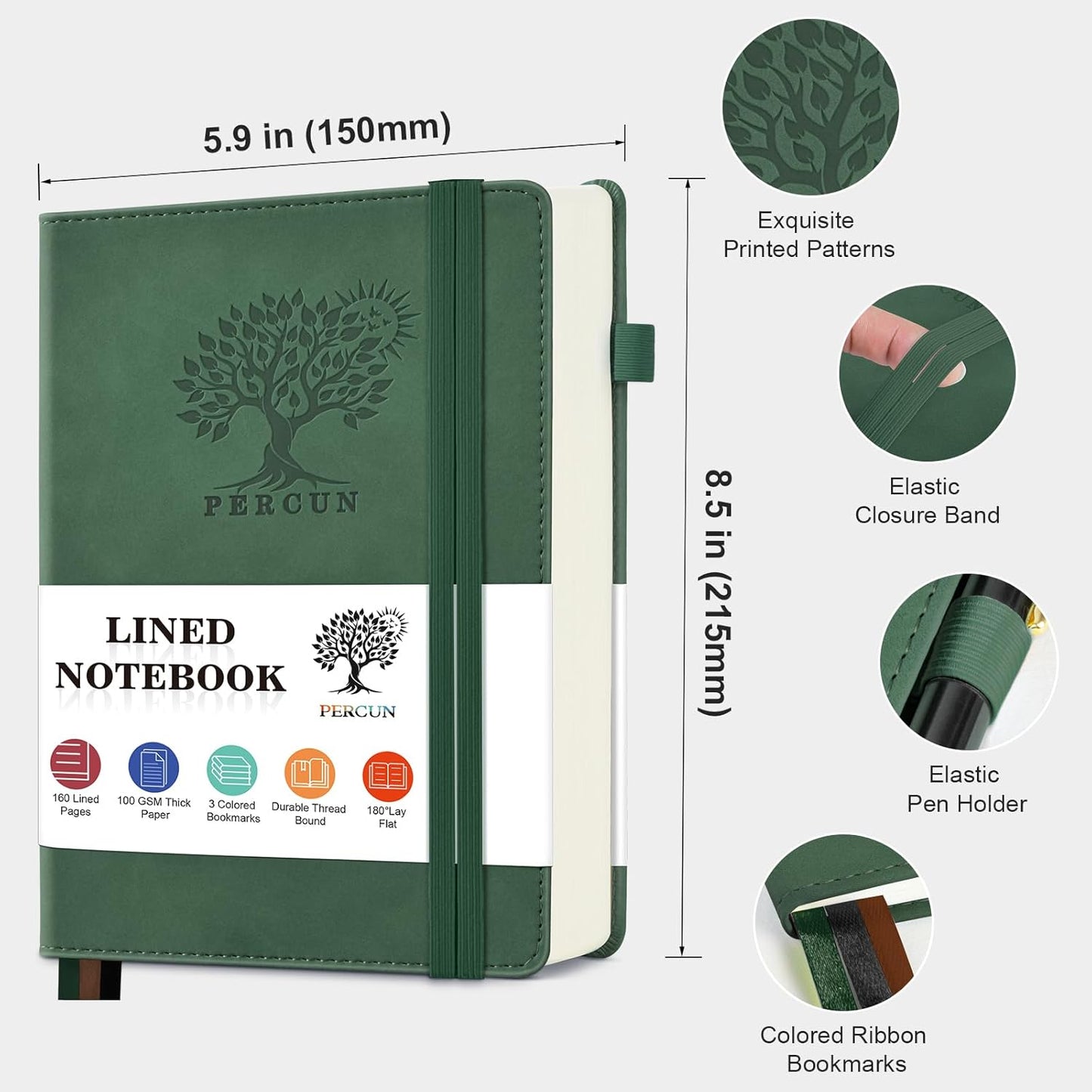 Lined Journal Notebook for Men & Women, 160 Pages College Ruled Journal for Writing, A5 Hardcover Leather Notebooks for Work, School, Business, Travel, Daily Diary 5.9" x 8.5" - Green