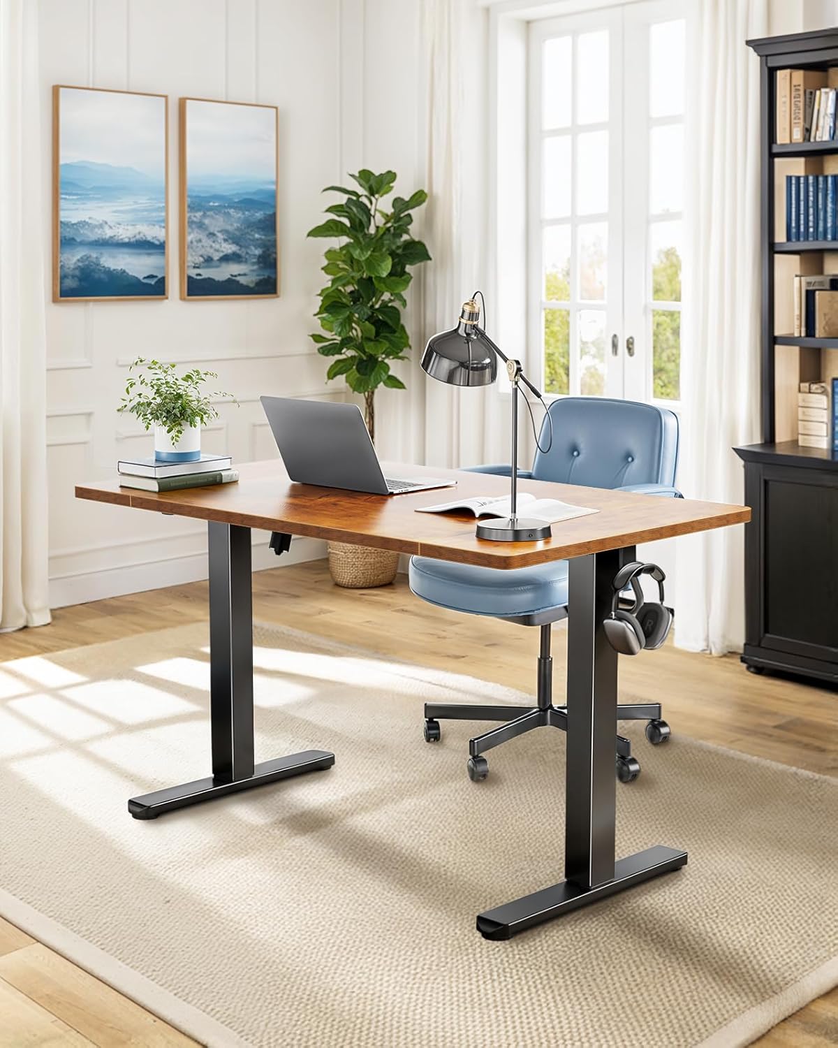 HUANUO 55 x 24 inch Electric Standing Desk, Height Adjustable Table with Headphone Hooks & Cable Manager, Sit to Stand up Desk for Home Office, Vintage Brown