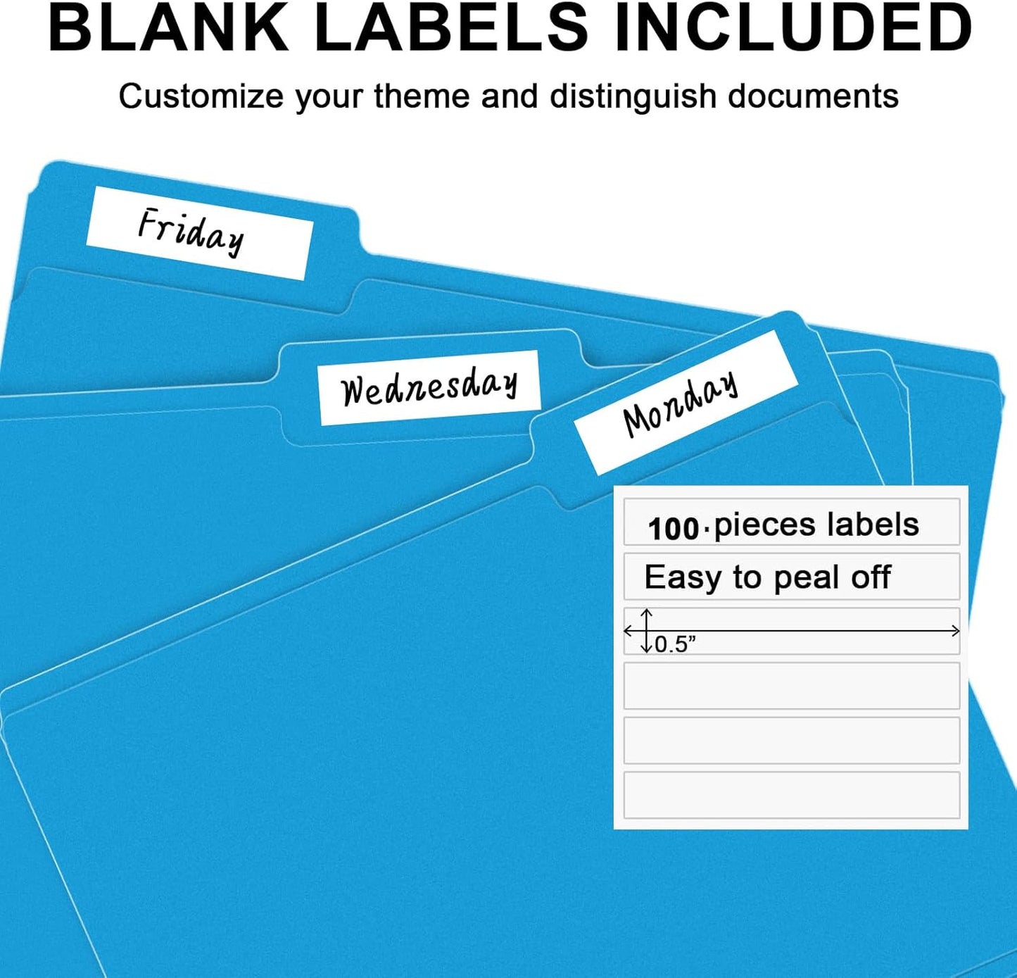 File Folder, RAZCC 100 Pack 1/3 Cut Tab File Folders Letter Size, Blue, Colored Folders with Tab Great for Organizing and Easy File Storage