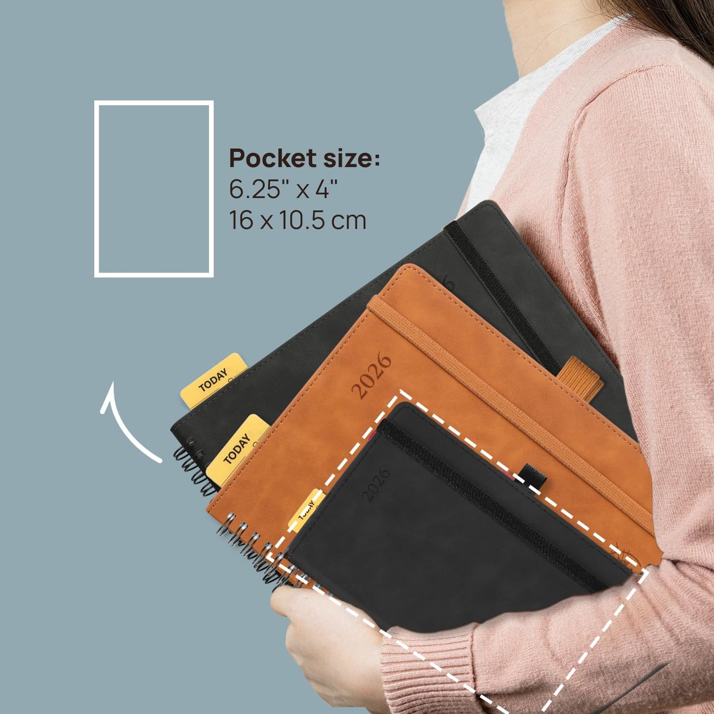 POPRUN 2026 Planner Weekly Notebook (Jan-Dec), Small Size 4''x 6.25'' - 2026 Pocket Calendar for Purse with Spiral Soft Cover, Plastic Ruler, Inner Pocket, 100 GSM - Brown