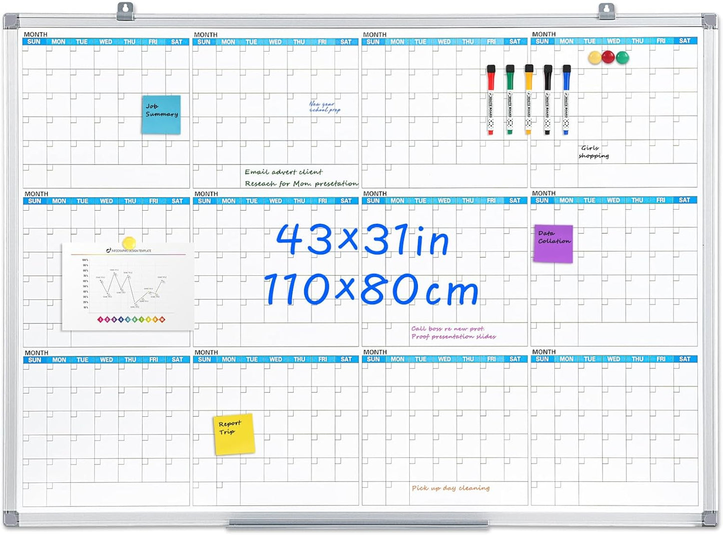 MAKELLO Large Magnetic Dry Erase Calendar Whiteboard Yearly for Home 43x31 in, Bedroom, Office, Classroom, 12 Months