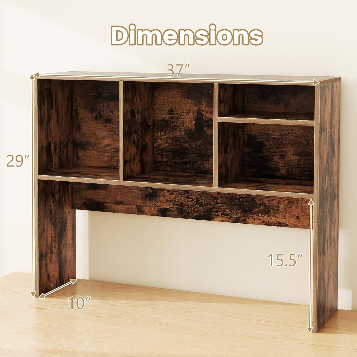 Desk Hutch, Desktop Shelf with 4 Shelves, Desk Bookshelf w/Anti-Toppling Devices, Wood Table Top Bookshelf Organizer, Small Desk Shelf for Study, Office, Dorm (Rustic Brown, 4 Shelves)