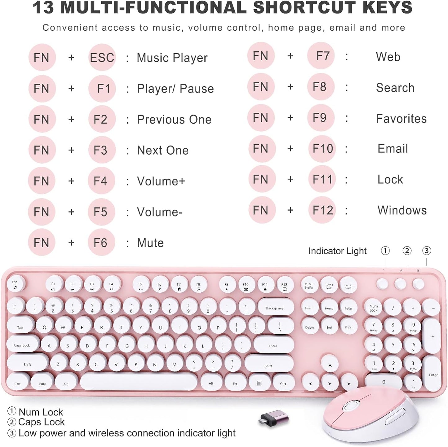 Wireless Keyboard and Mouse Combo, Ergonomic Full Size Typewriter Retro Round Keycaps Keyboard, Compatible with Windows, PC, Perfer for Home and Office Keyboards (Lovely Pink)
