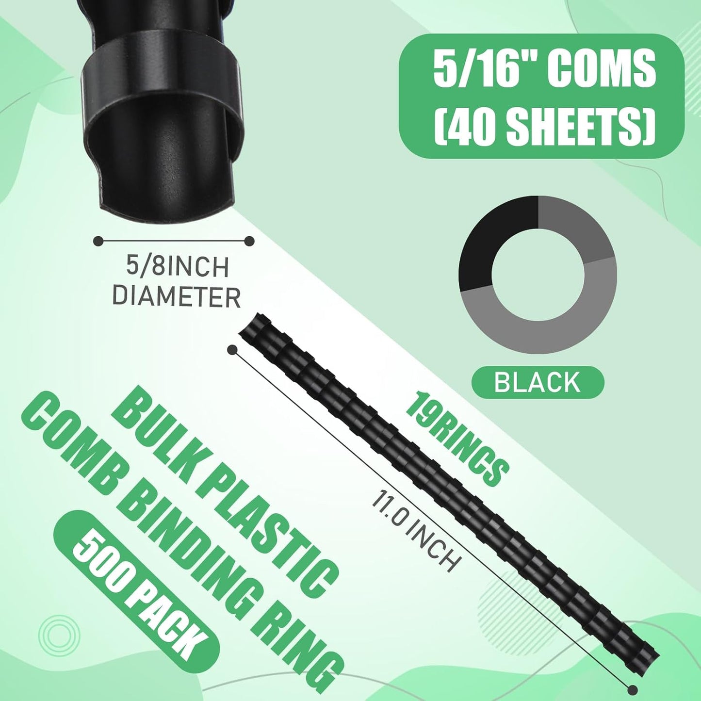 Maitys 300 Pcs Plastic Binding Combs Bulk 19 Ring Comb Spines Letter Size Spiral Binding for Notebook Calendar Picture(5/8 Inch,Black)