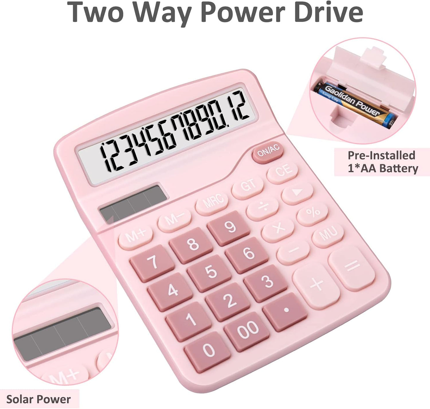 Calculators, Splaks 2 Pack Standard Functional Desktop Calculators Sola and AA Battery Dual Power Electronic Basic Calculator with 12-Digit Large Display for Office, Home, School (1 Blue & 1 Pink)