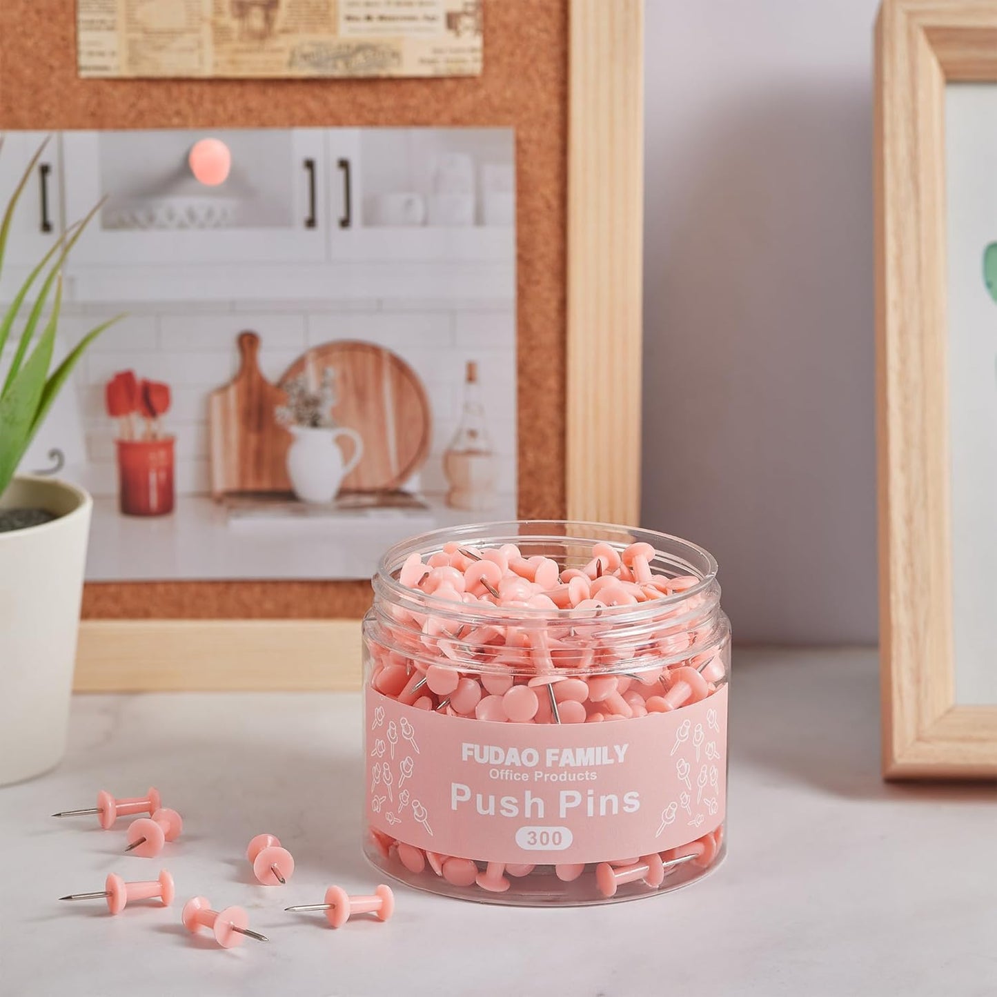 FUDAO FAMILY 300pcs Push Pins for Bulletin Board, Thumb Tacks for Wall Corkboard, Map Pins - Home Office School Craft Projects Plastic Head Steel Push Pin (Pink)