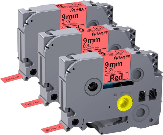 Hehua 9mm 0.35 Laminated Red Tape Compatible for Brother P-Touch TZe-421 TZe421 TZ-421 TZ421 TZe TZ Label Tape for Ptouch PT D210 D200 H110 1880, 3/8'' x 26.2ft Black on Red, 3 Pack