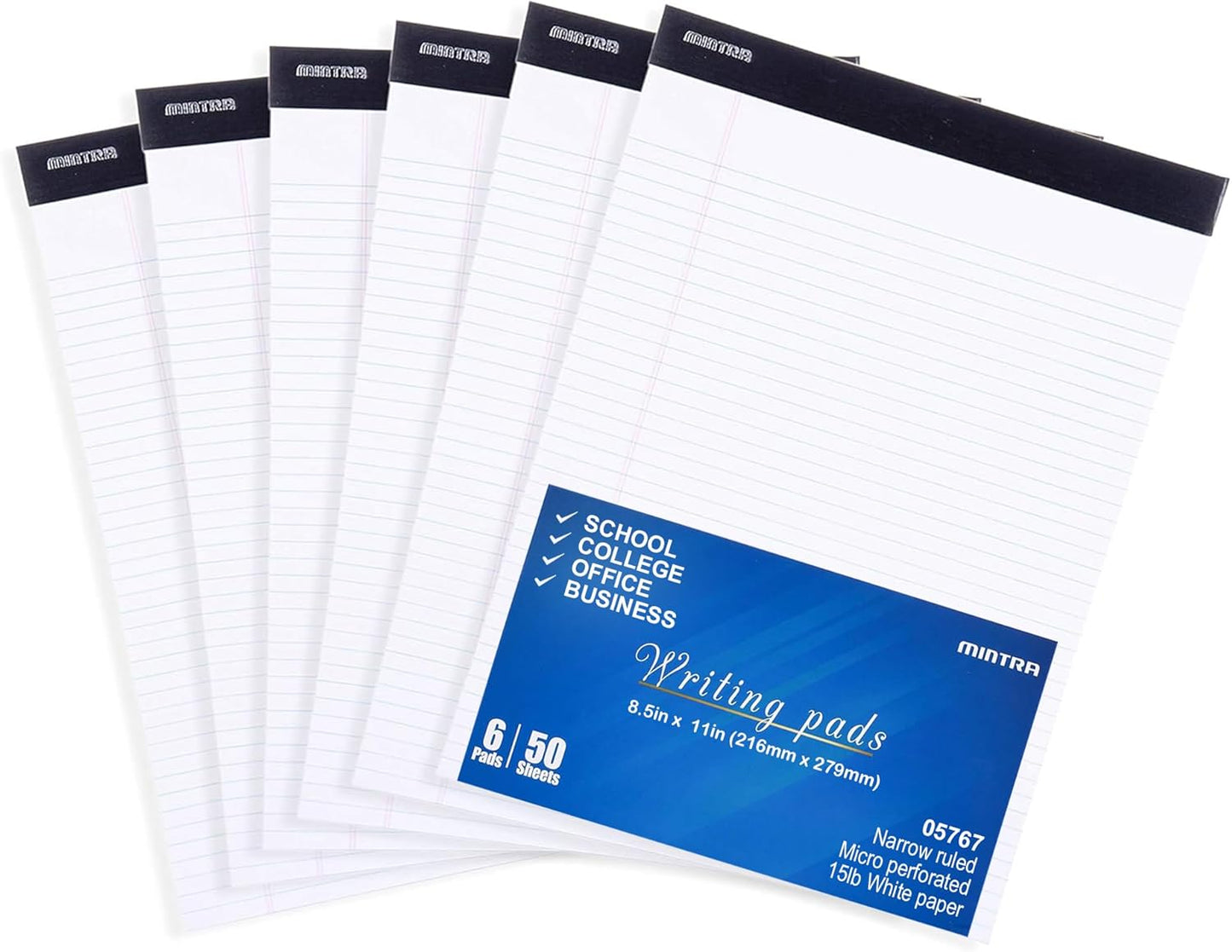 Mintra Office Legal Pads - ((BASIC WHITE 6pk, 8.5in x 11in, NARROW RULED))