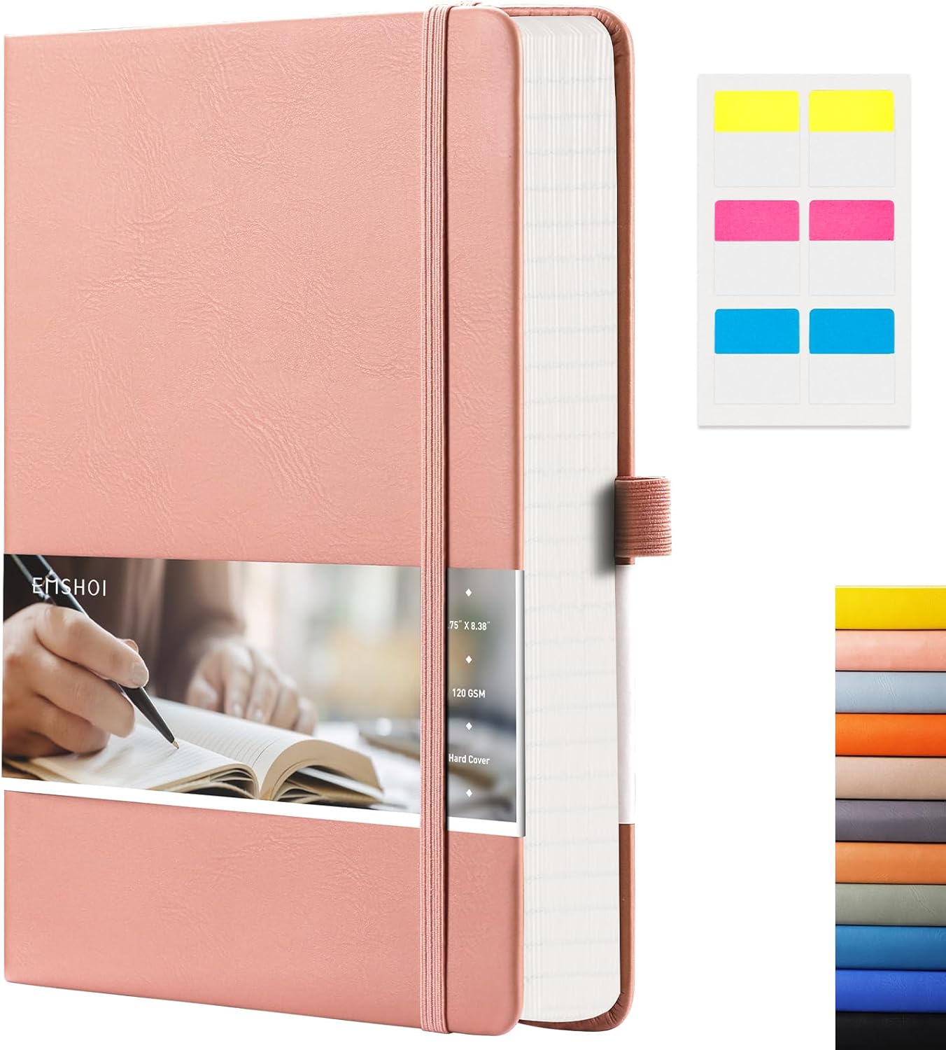 EMSHOI Graph Paper Notebook - 256 Pages A5 Graph Notebook/Journal, Hard Cover, 120gsm Thick Paper, Smooth PU Leather, Inner Pocket, 5.75'' × 8.38''-Pink
