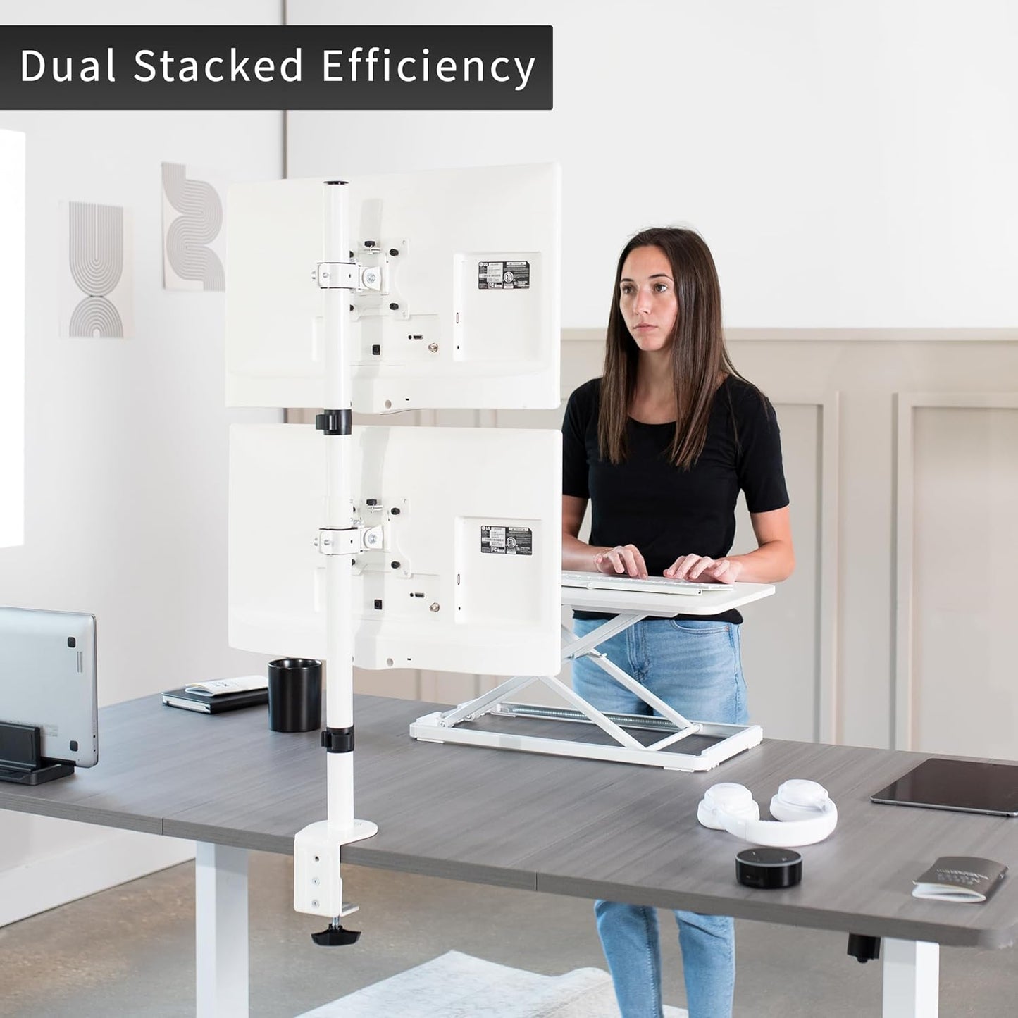 VIVO Dual Vertically Stacked LCD Monitor Desk Mount, Extra Tall Heavy Duty Adjustable Stand for 2 Ultrawide Screens up to 34 inches, 22 lbs Capacity, White, STAND-V002TW