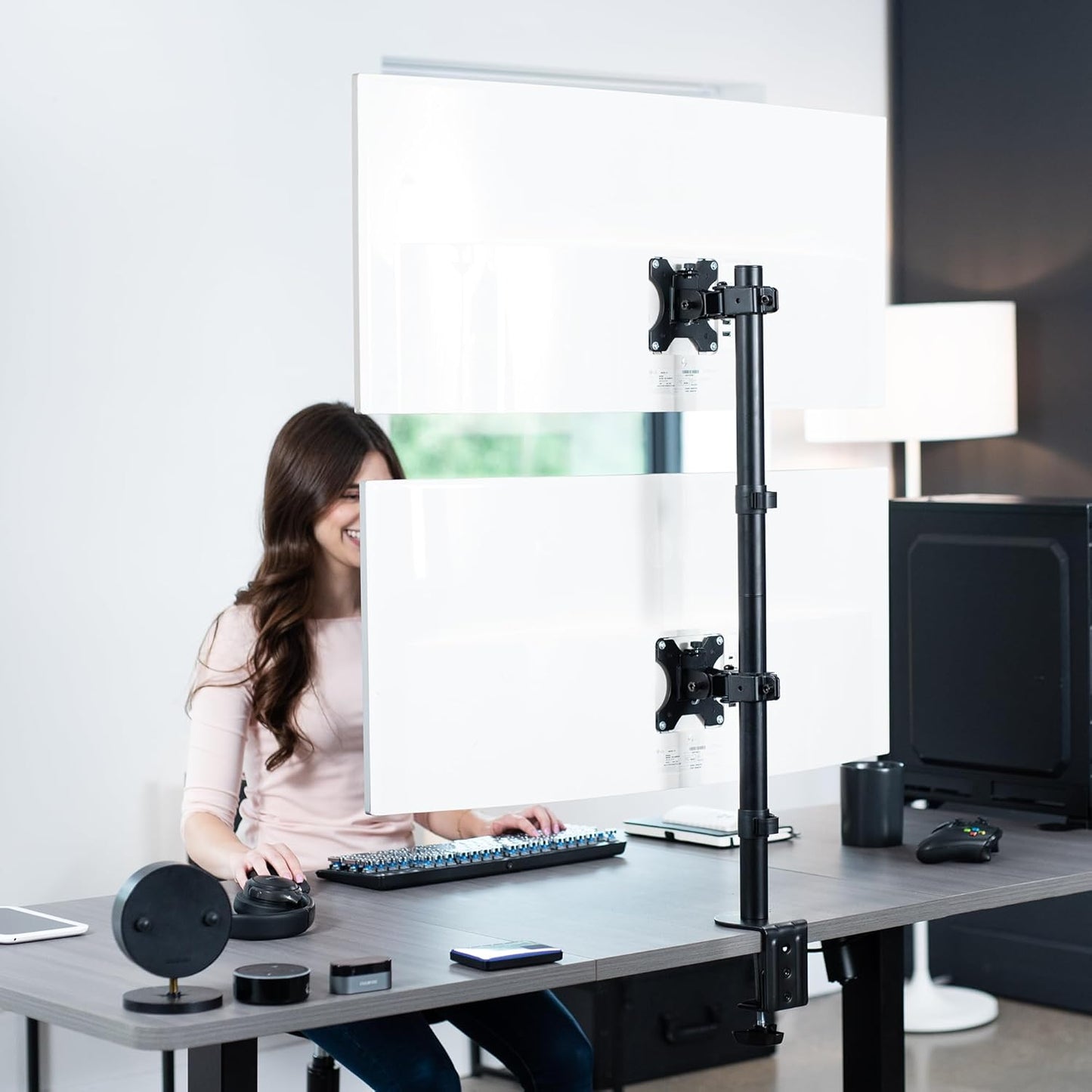 VIVO Dual Vertically Stacked Ultra-Wide Monitor Desk Mount, Extra Tall Heavy Duty Adjustable Stand for 2 Ultrawide Screens up to 45 inches, 25 lbs Per Screen Capacity, Black, STAND-V200R