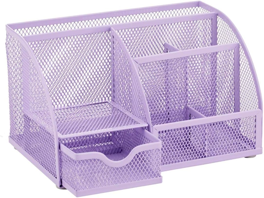 Annova Mesh Desk Organizer Office with 7 Compartments + Drawer/Desk Tidy Candy/Pen Holder/Multifunctional Organizer (Light Purple)