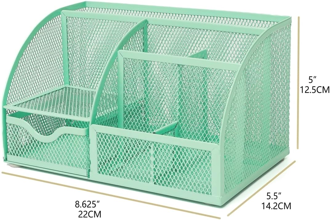 Annova Mesh Desk Organizer Office with 7 Compartments + Drawer/Desk Tidy Candy/Pen Holder/Multifunctional Organizer (Green23)