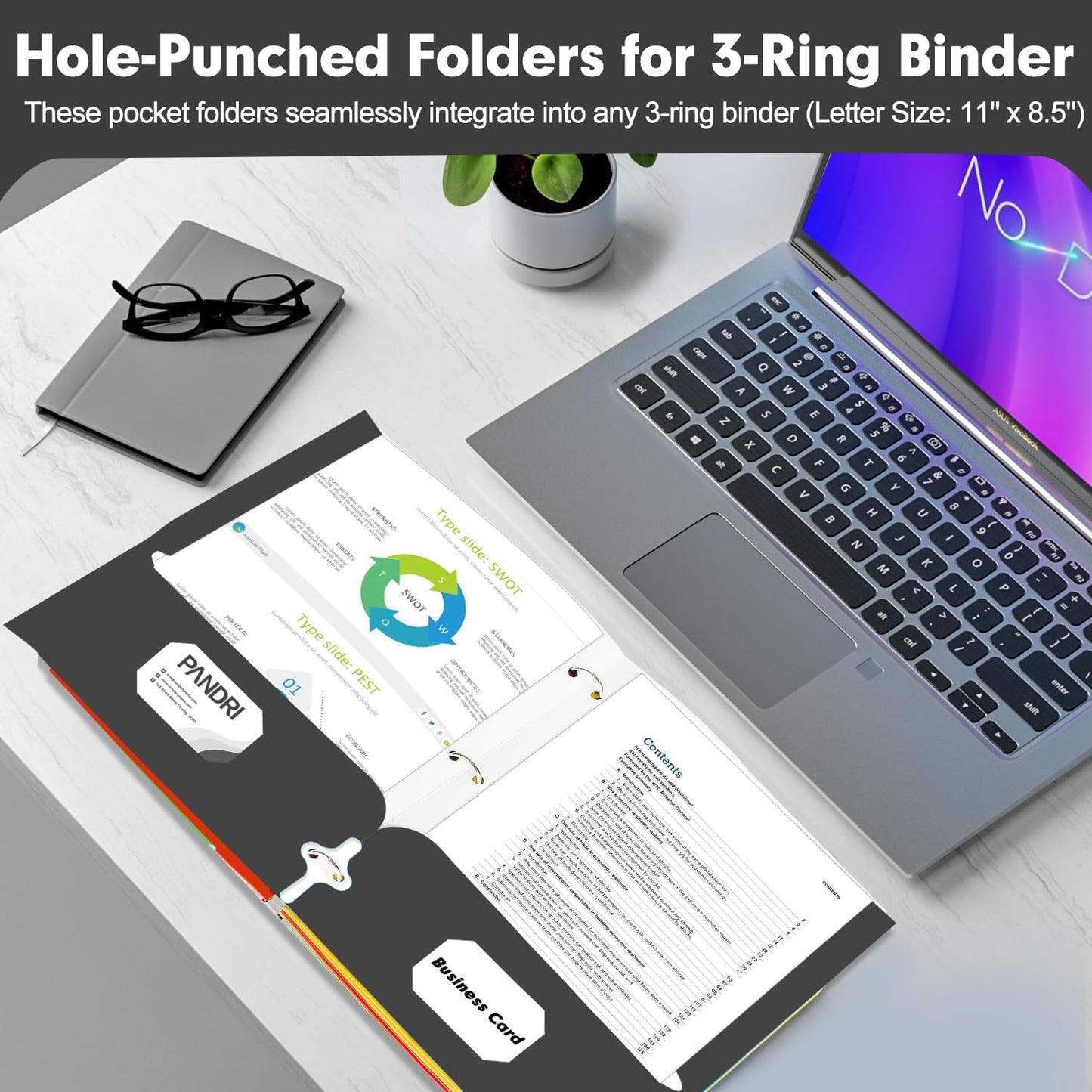 Two Pocket Portfolio Folders, PANDRI 60 Pack 3 Hole Punched 2 Pocket Folders for 3 Ring Binder, Letter Size Paper File Folder for School Office Home Business, Black