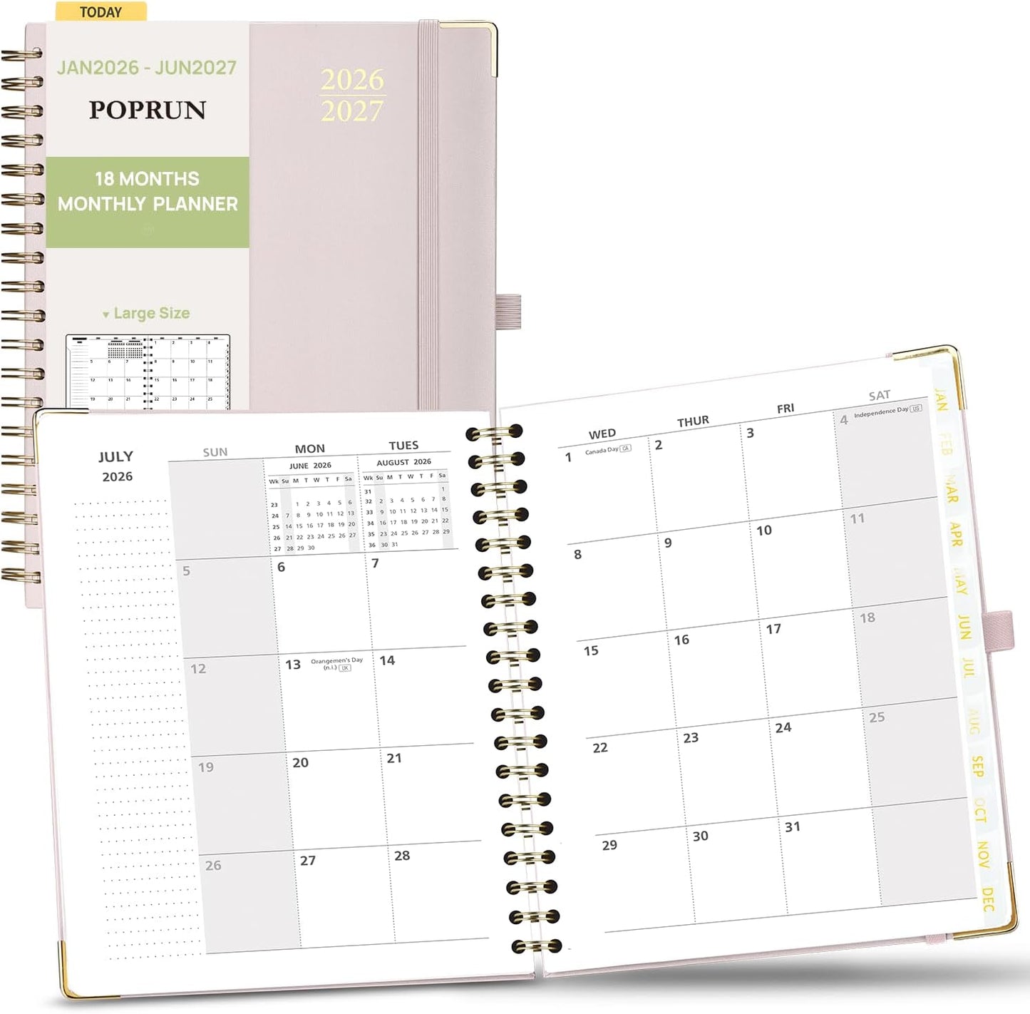 POPRUN Monthly Planner 2026-2027 Spiral Hardcover (8'' x 10''), 18 Months Calendar (Jan.2026-Jun.2027) - 2 Pages per Month with Dotted Note Pages, Sunday Start, Laminated Tab - Light Pink
