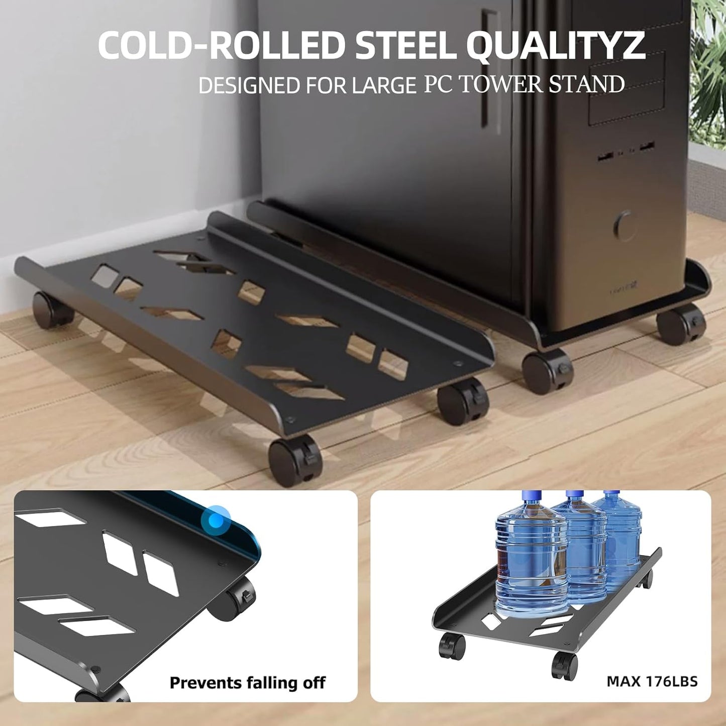 Computer Tower Stand, Ventilated Mobile CPU Stand Fits Most PC Tower, Steel Desktop CPU Holder with Rolling Caster Wheels, PC Floor Cart Riser for Gaming Office Desk Accessories