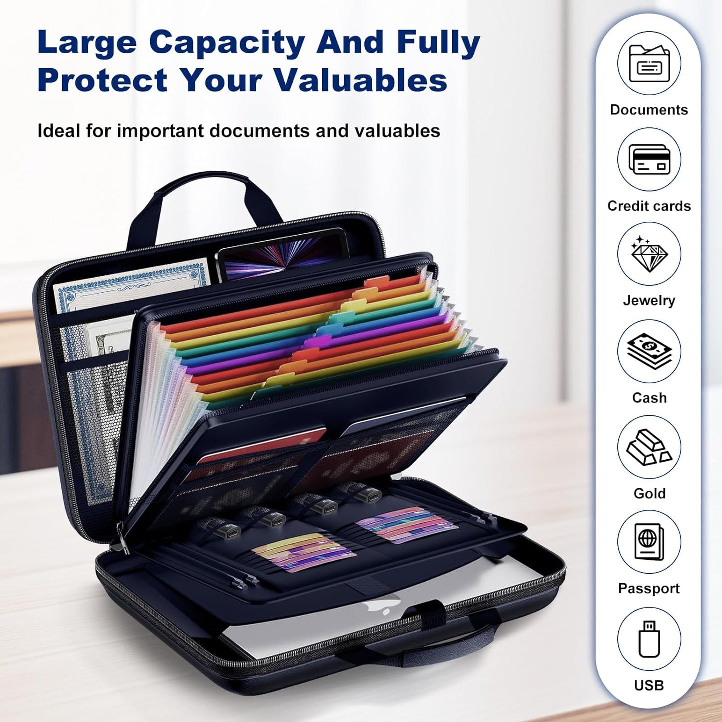 Fireproof Document Box, Hard Case Fireproof File Organizer Box with Lock and 13 Pocket Accordion File Folder, Portable Safe Box for Home Office Travel to Storage Important Documents Laptop Blue