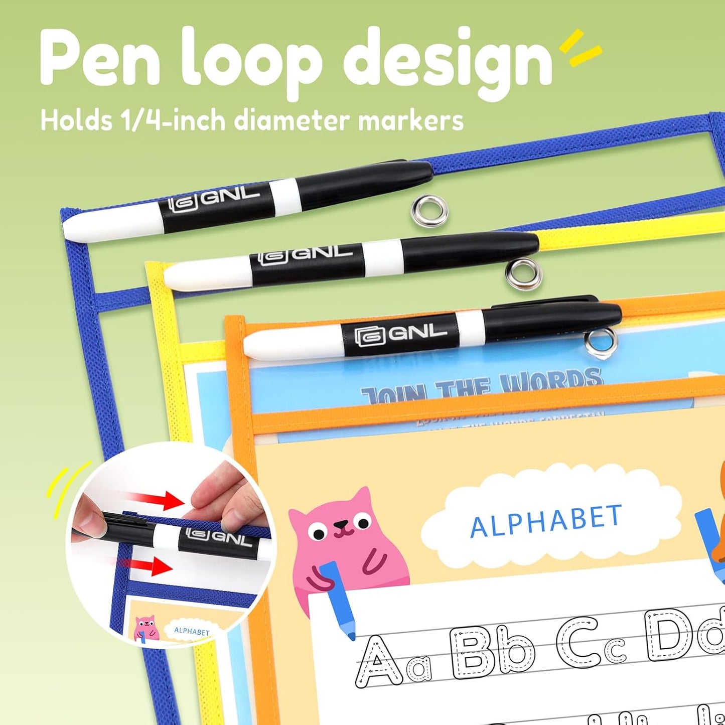 GNL Dry Erase Pocket Sleeves 30 Packs, Reusable Clear Plastic Ticket Holders with Rings, Durable & Easy-to-Erase Sheet Protectors, Assorted Colors 10x14 Inch for Classroom & School Teacher Supplies