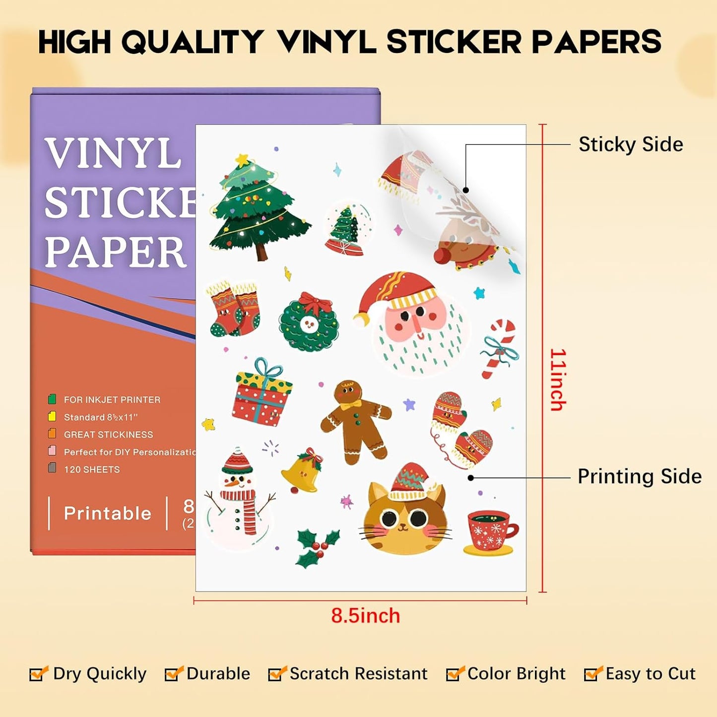 120 Sheets Printable Clear Sticker Paper for Inkjet Printer, Premium Vinyl Transparent Sticker Paper Waterproof, Dries Quickly, Vivid Colors, Tear Resistant, 8.5x11" Labels Great for Cutting Machines
