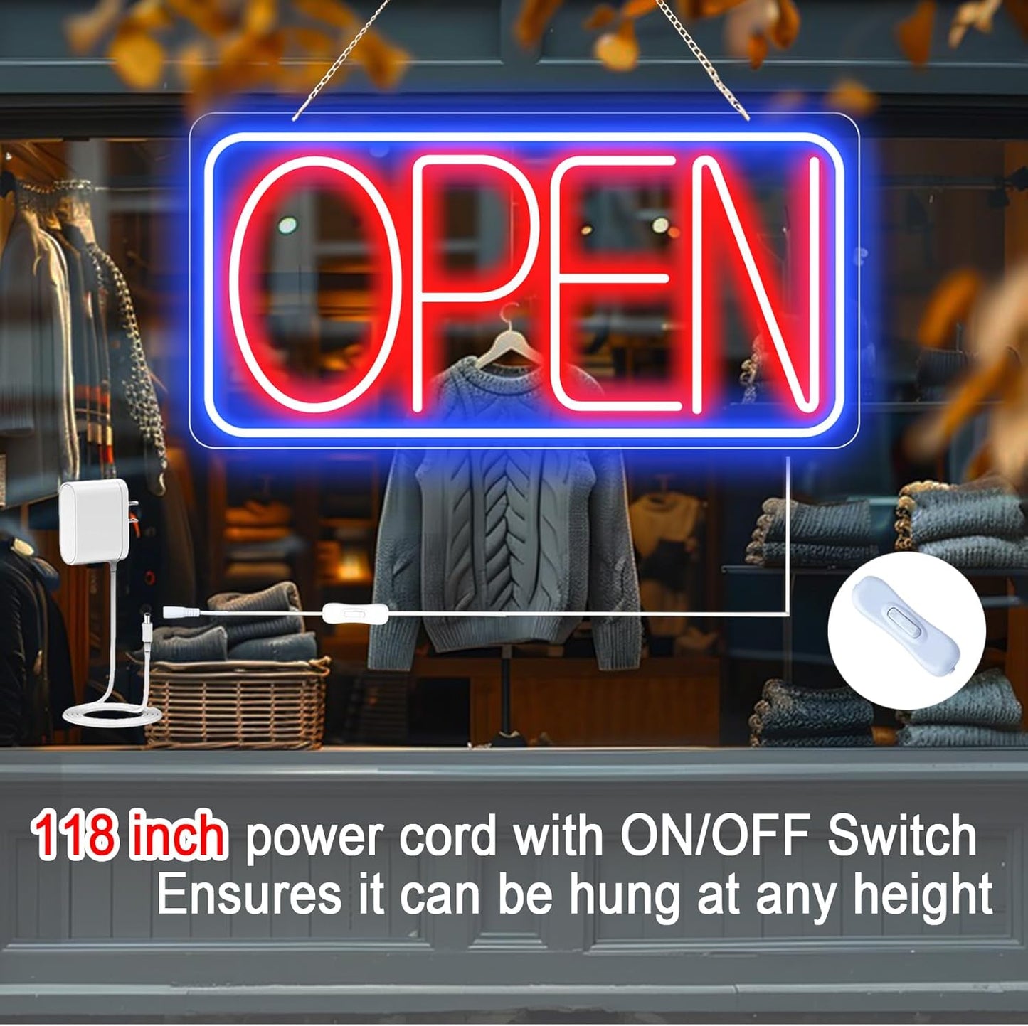 22" X 11" Led Neon Open Signs for Business Ultra Bright Plug In Electric Light Up Large Open Signs with ON/OFF Switch and 12V/2A AC Adapter for Storefront Window Bar Salon Coffee Stores (Horizontal)