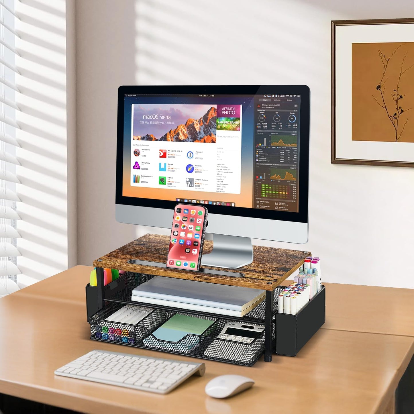 Wood Desk Organizers and Accessories, 2-Tier Computer Monitor Stand Riser with Drawer, Pen Storage & Phone Holder, Office Desk Accessories, Workspace Desktop Organization for Office Supplies（Brown）