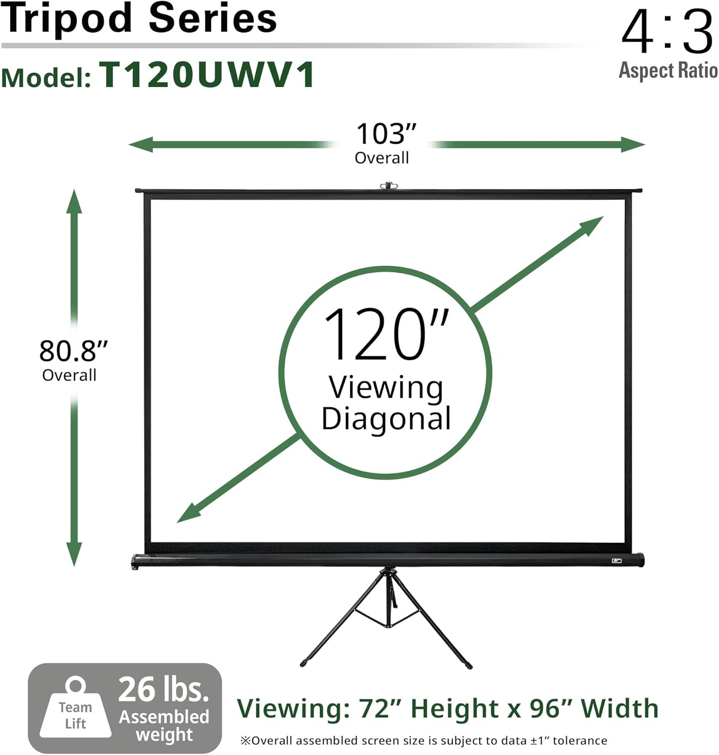 Elite Screens Tripod Series, 120-inch Adjustable Multi Aspect Ratio 16:9 Portable Indoor Outdoor Projector Screen, 8K / 4K Ultra HD 3D Ready, US Based Company 2-YEAR WARRANTY, T120UWV1 - Black