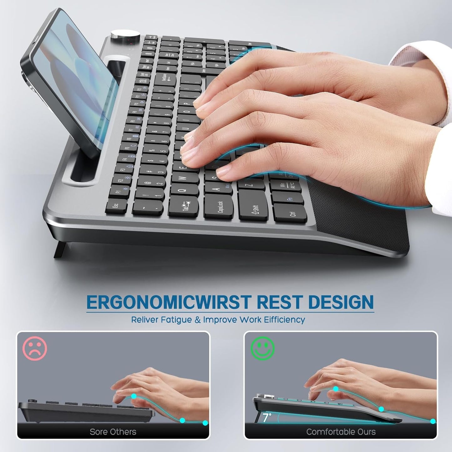 Ergonomic Wireless Keyboard with Wrist Rest-Low-Profile,Phone/Tablet Holder,Quiet Design，Windows & Mac OS，Full Size Cordless USB Computer Keyboard for Desktop,Laptop, PC, Mac, Windows-Black