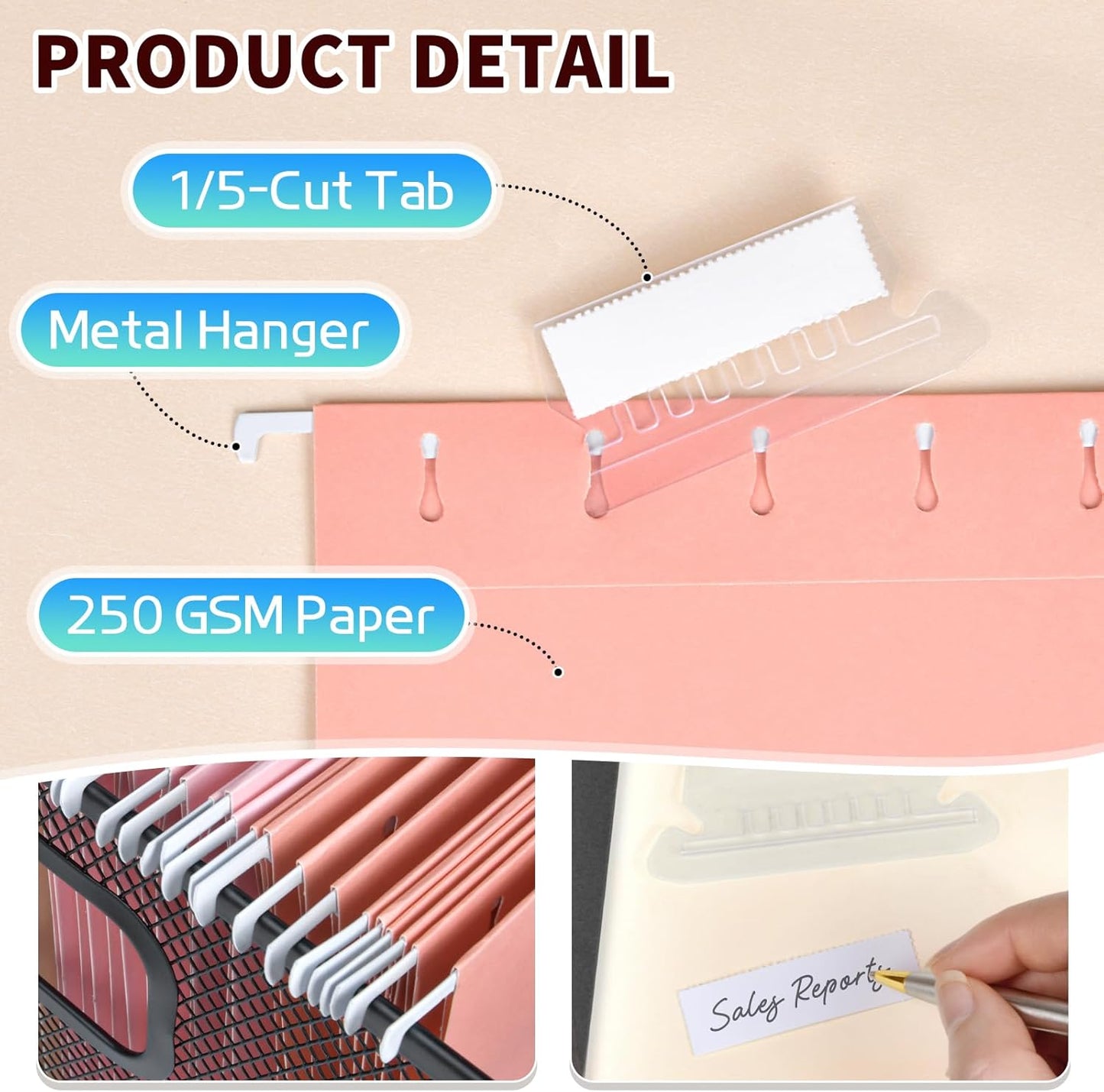 25-Pack Pastel Hanging File Folders, Letter Size (8.5"x11") with 1/5-Cut Tabs,25 Transparent Label Cards, 25 Sticker Labels–Home Office & Filing Cabinets