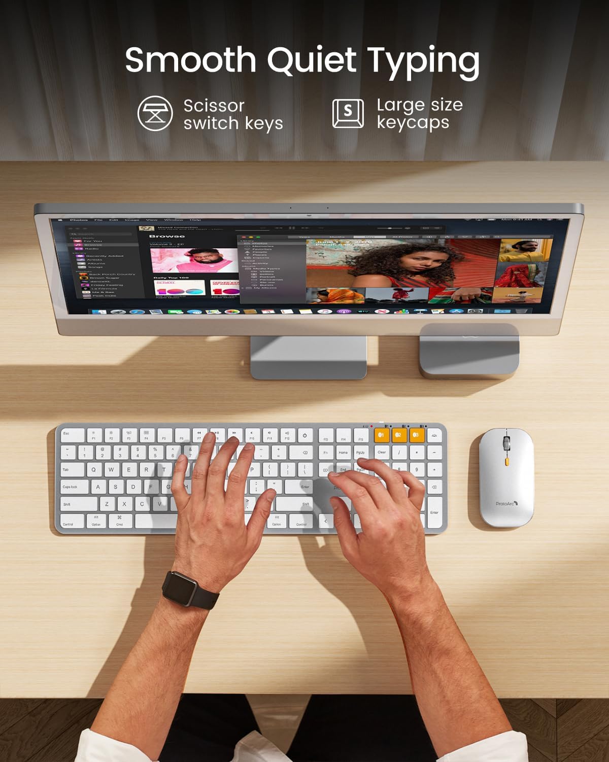 ProtoArc Backlit Bluetooth Keyboard and Mouse for Mac, KM100-A Multi-Device Wireless Keyboard Mouse for Mac, Full Size Rechargeable for MacBook Pro/Air, iPhone, iPad, White Silver