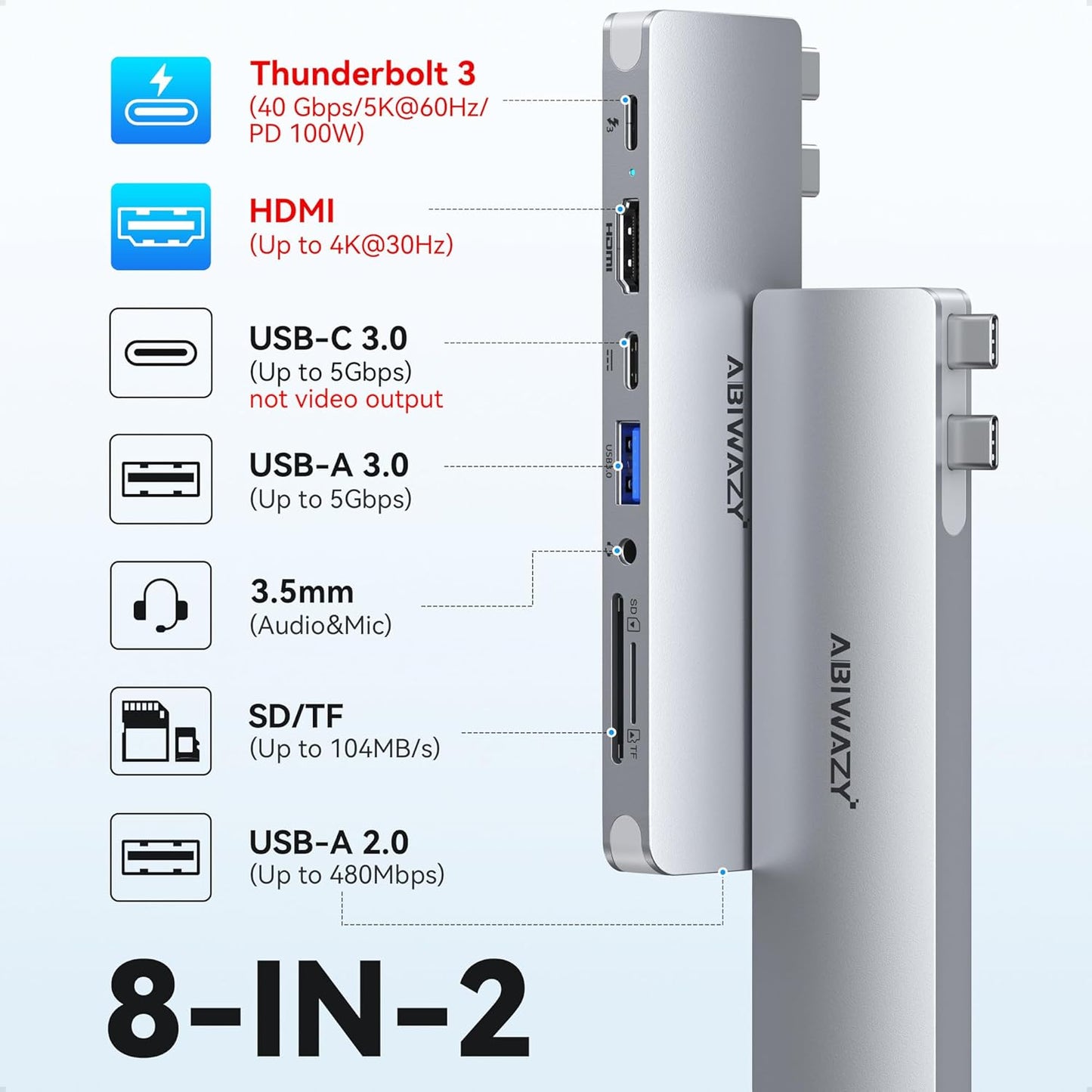 USB C Adapter HDMI USB Multiport Hub,8 in 2 Accessories with HDMI,Thunderbolt 3,USB C and 3 USB A 3.0 Data Ports SD TF Card Reader, Audio(Sliver)