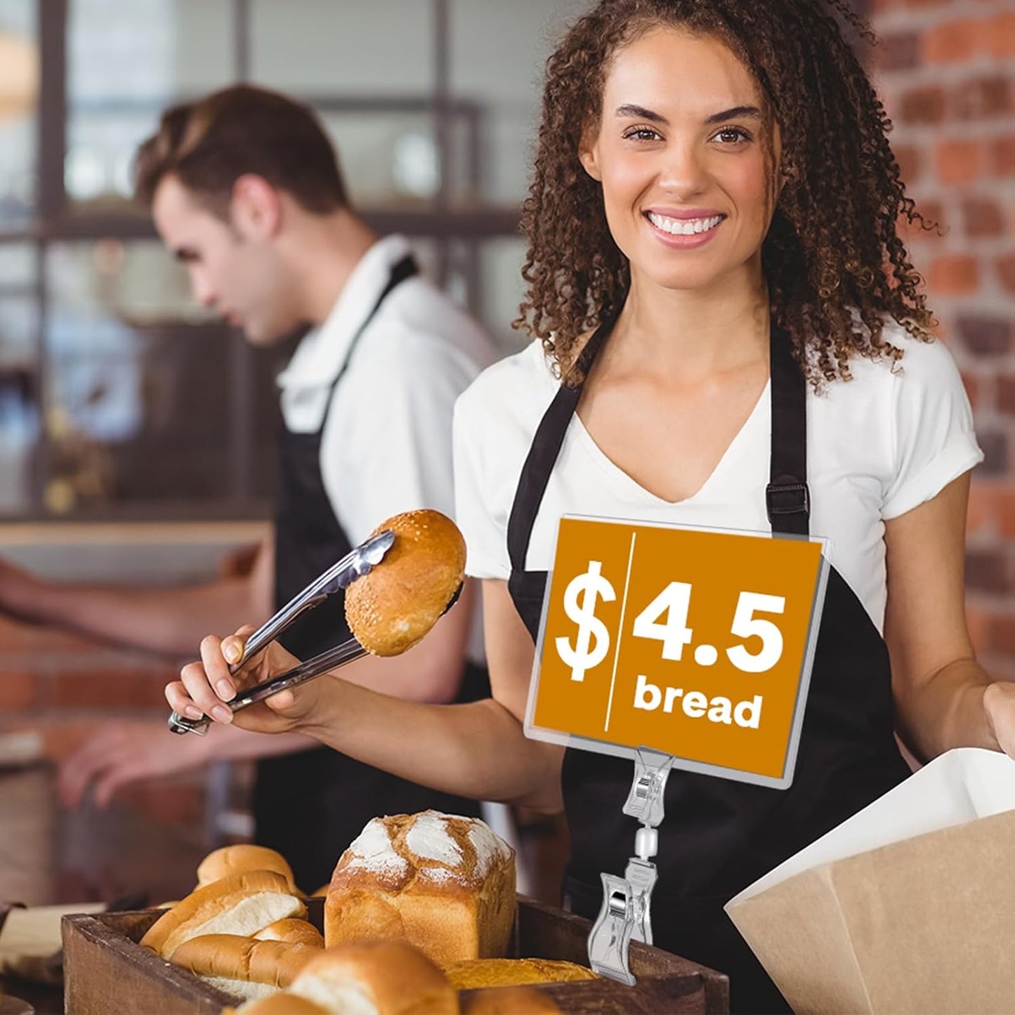 Epakh 20 Pieces Sign Clips Rotating Price Tag Clip Swivel Sign Holder for Handrails or Tubes with 20 Pieces Hard Card Sleeves PVC Card Protector for Shelves Store Supermarket(Double Sided Clips Style)