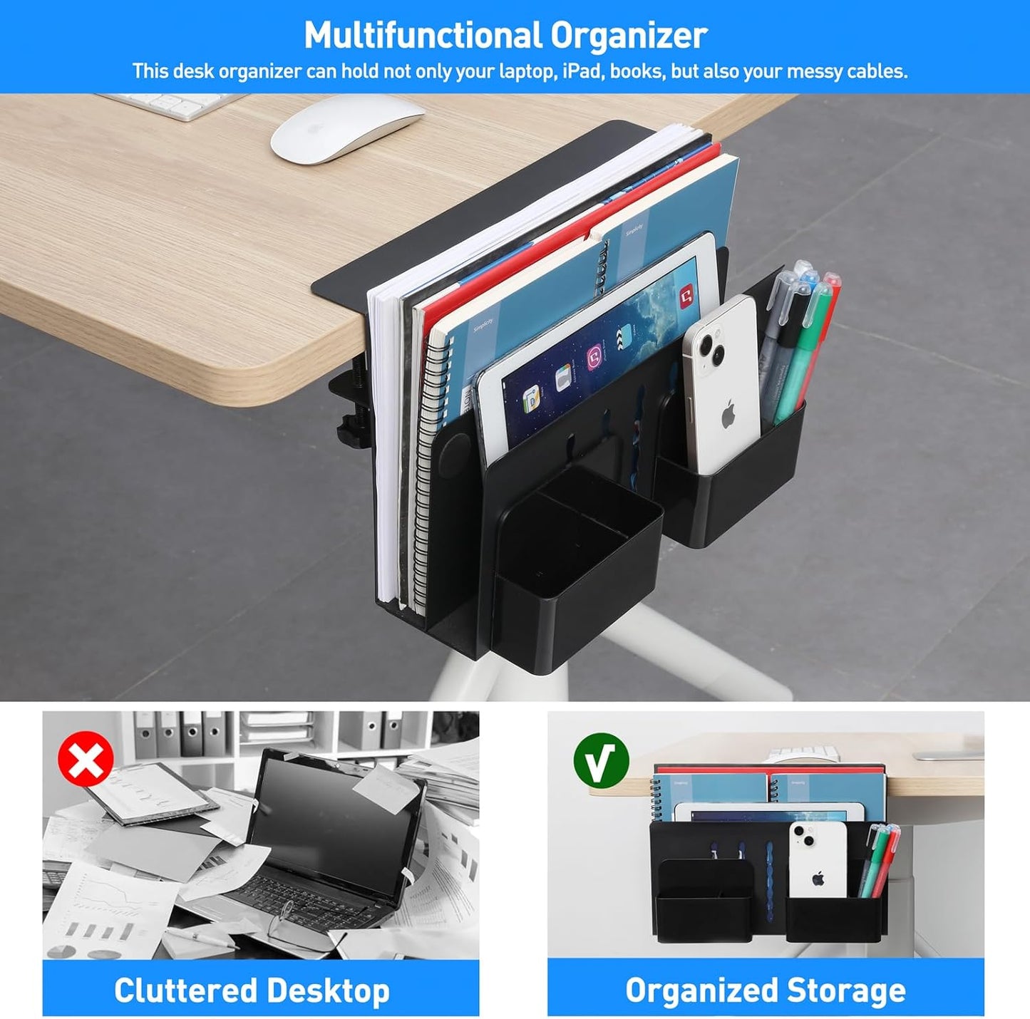 MAXECHO Desk Side Storage, Under Desk Laptop Mount, Table Side Hanging File Organizer, No Drill Clamp On Cable Management Tray, Laptop Holder with Magnetic Pen Holder for Office and Home, Load 22 Lbs