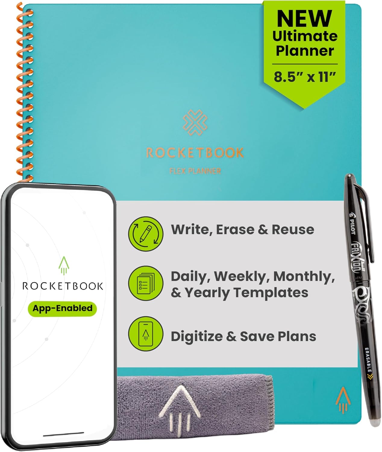 Rocketbook Flex Planner, Reusable Undated Smart, Letter Size 8.5x11 in Teal – Daily, Weekly, Monthly, Annual Calendar, Tasks, Goals, Scheduling, Productivity, App Connected, Erasable, Durable Cover