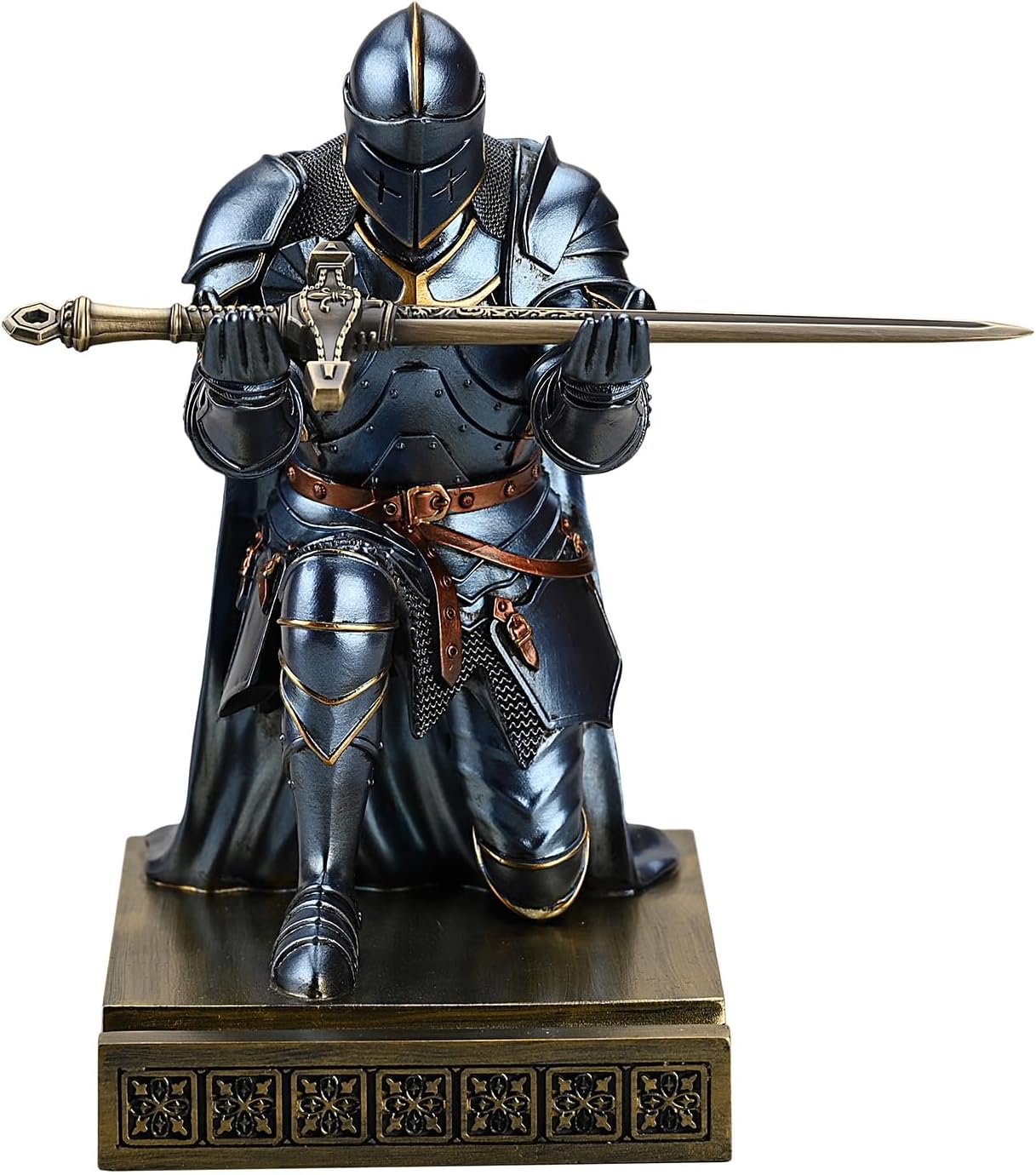 Medieval Armored Warrior Wearing Outerwear, Mobile Phone Stand Knight Pen Holder Desk Organizers, Resin Bookends Paperweight with a Letter Opener for Desk (Blue)