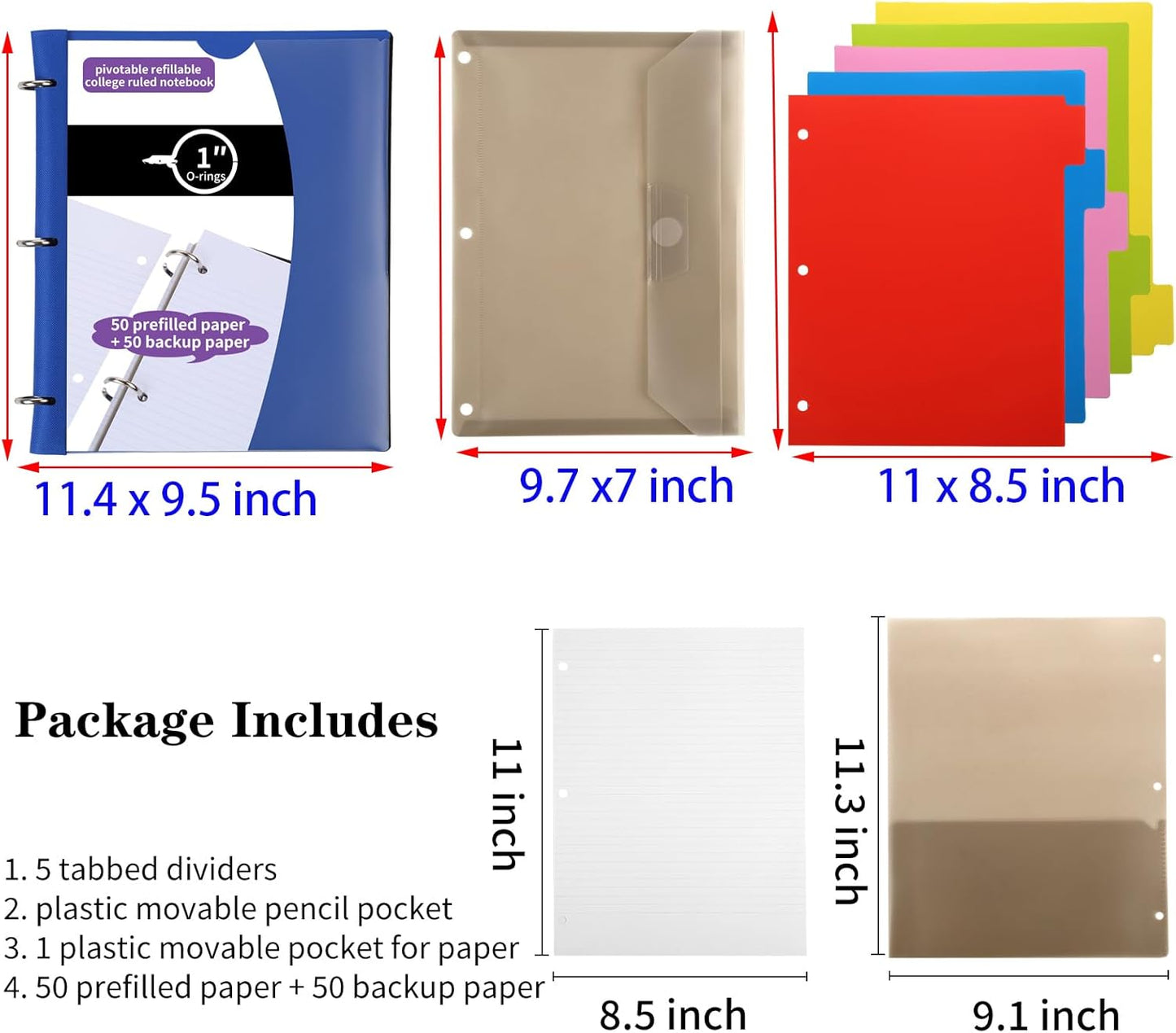 Pivotable Refillable Notebook, 1 Inch 3 Ring Notebook Binder, 100 College Ruled Paper, 5 Subject Notebook with Dividers and Folder Pockets, Tabs- Blue