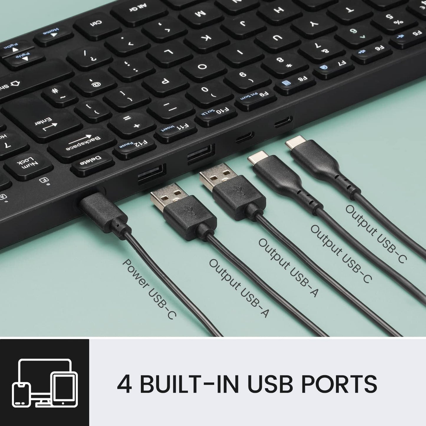 Perixx PERIBOARD-215B US, Wired Keyboard - Ultra Slim Scissor Keys - 2 Built-in USB-A & USB-C Ports - Detachable Cable - Black - US English