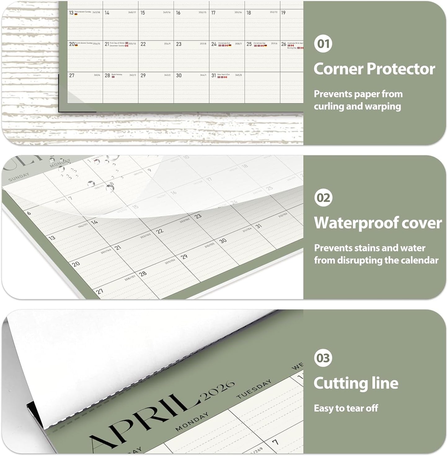 Calendar 2025-2026, Monthly Desktop Large Calendar (July 2025 - December 2026) Desk Wall Planner for Family Office Teacher School, 17" x 12" Green