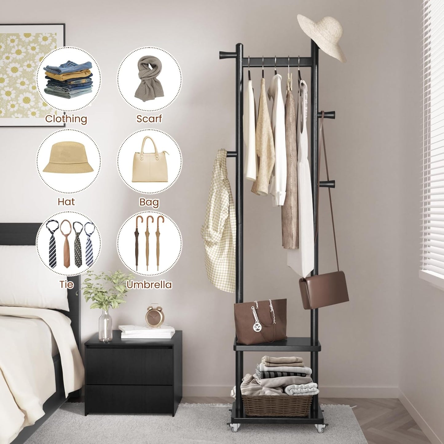 Coat Rack Freestanding Clothing Rack with Wheels & 2 Shelves Storage & 5 Hooks Heavy Duty Clothes Rack Wood Coat Tree Stand Hat Hanger Rack for Corner Bedroom Entryway Living Room Hotel