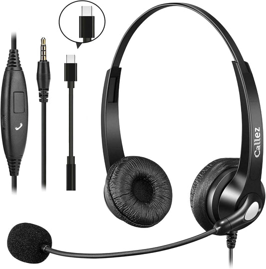 Callez Wired Computer Headset, 3.5mm/USB-C Headset with Mic Noise Cancelling for Work, Cell Phone Headphone for PC Laptop Mac iPhone Samsung Zoom Teams Call Center Home Office, in-line Controls