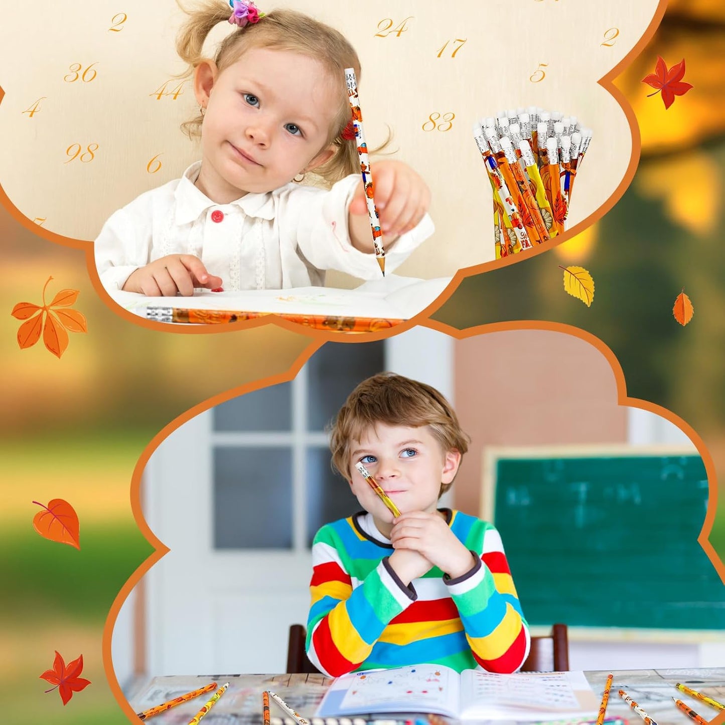Cinrobiye 100 Pieces Fall Thanksgiving Day Pencils with Eraser Holiday Fall Maple Leaf Autumn Pumpkins Wood Scarecrow Acorns Pencils for Harvest School Party Gift Supplies
