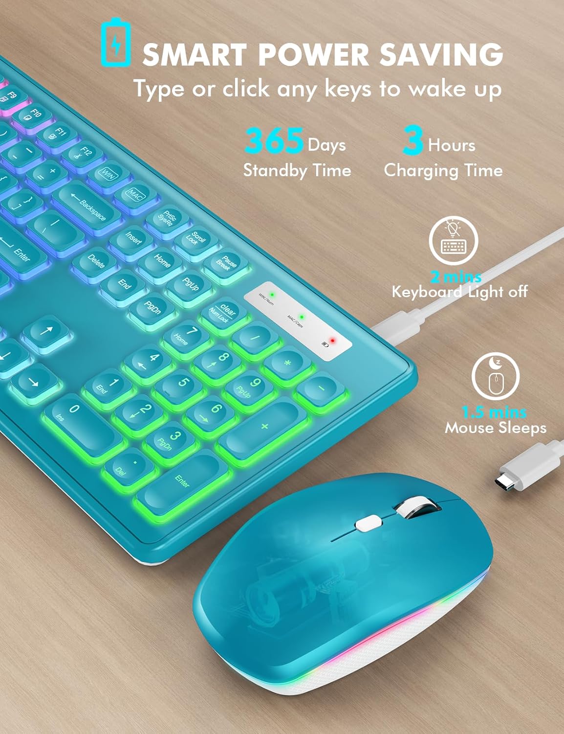 Wireless Keyboard and Mouse Combo - RGB Backlit, Rechargeable & Light Up Letters, Full-Size, Ergonomic Tilt Angle, Sleep Mode, 2.4GHz Quiet Keyboard Mouse for Mac, Windows, Laptop, PC