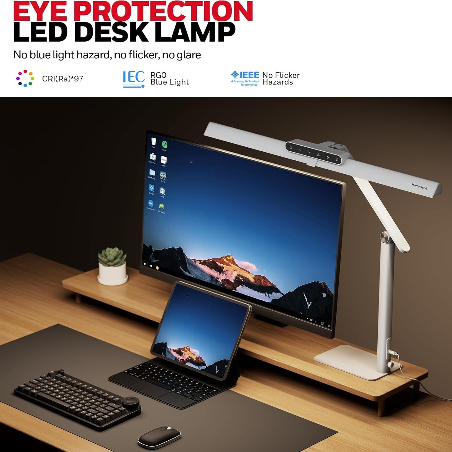 Honeywell LED Desk Lamp with Base - HJ1WT Sunturalux Eye-Caring Architect Desk Lamp for Home Office, 1200LM Computer Desk Light 4 Color Modes Stepless Dimming Task Desk Light with Timer Function White