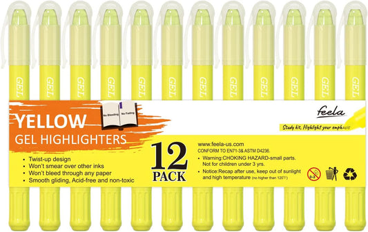 feela 12 Pack Yellow Gel Bible Highlighters Markers Journaling Supplies, No Bleed Through For Highlighting Journal School Office