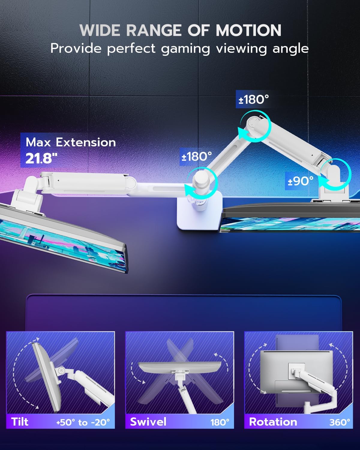 Vertical Dual Monitor Mount for 17-49 Inch Ultrawide Heavy Duty Curved Screen Stacking, Computer Monitor Arm Desk Mount, Gas Spring Adjustable Vesa Stand, White