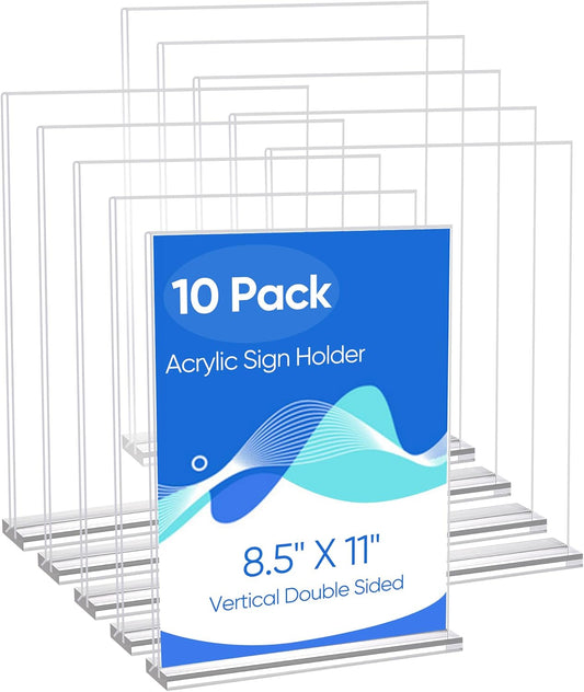 10 Pack Acrylic Sign Holder 8.5 x 11, Clear Double Side T Shape Acrylic Table Sign Stands for Display, Flyer Holder Paper Card Holder for Office Business Store Malls Restaurants